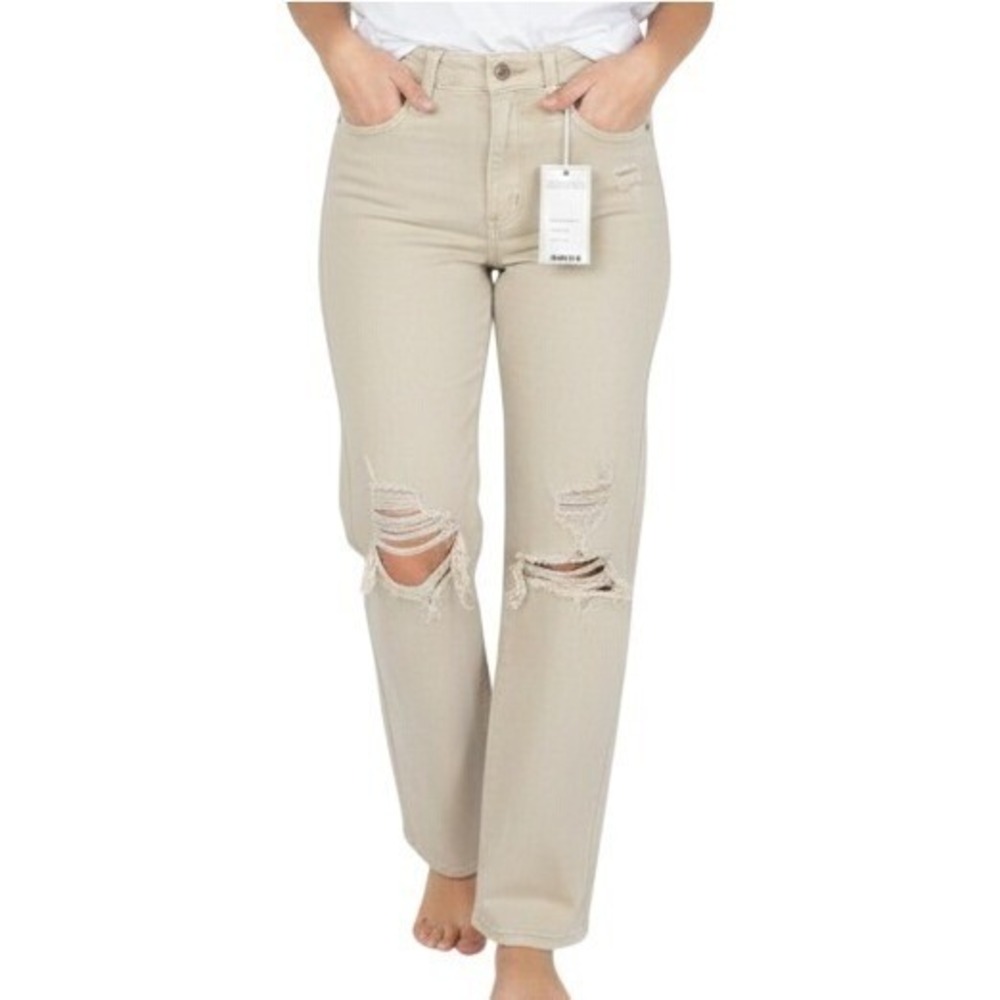 Judy Blue Distressed Straight Leg Jeans Womens 13/31 Bone High Waist JB88823 C